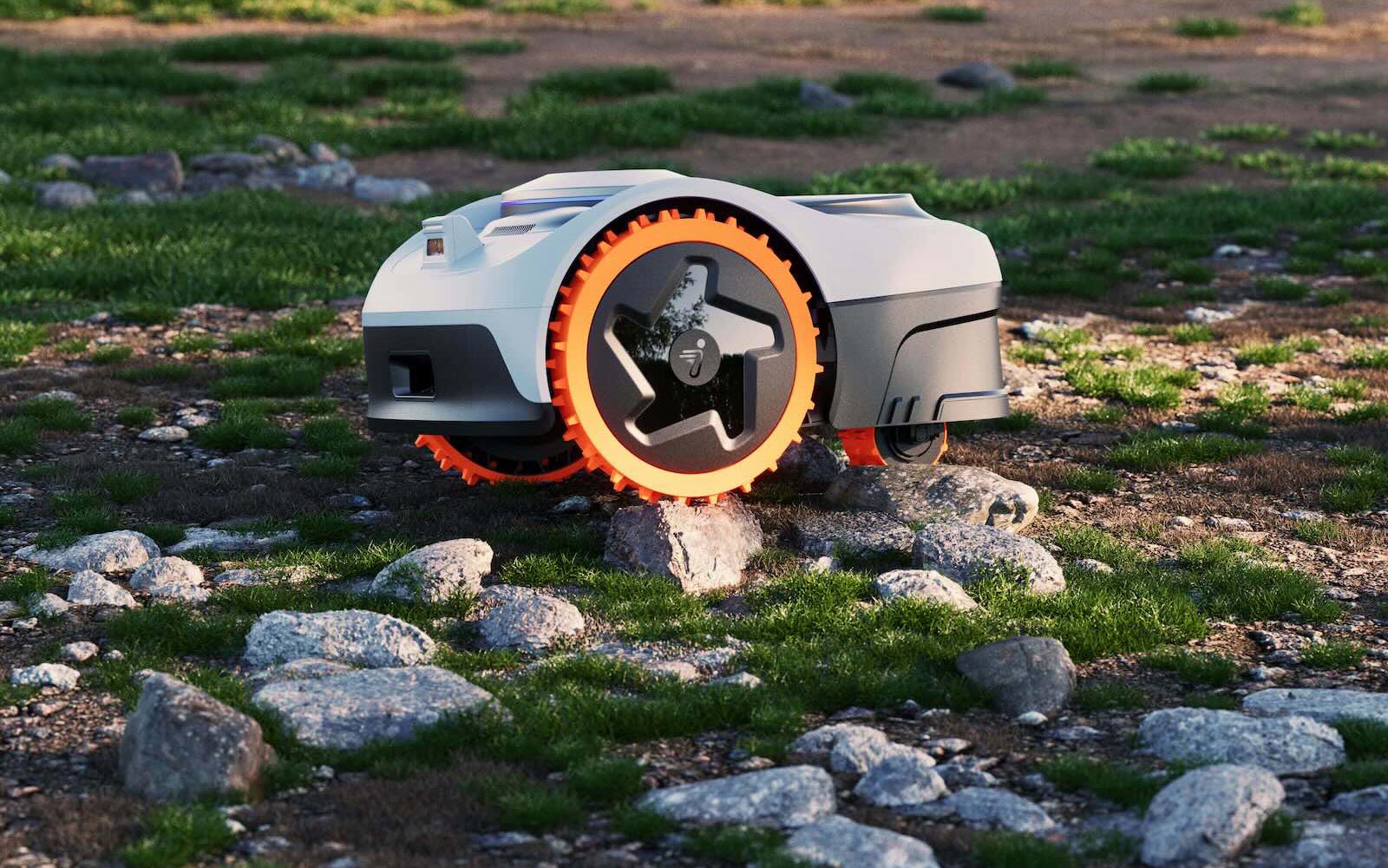 Robot tondeuse Segway Navimow i2 AWD franchissant des racines et un terrain irrégulier.