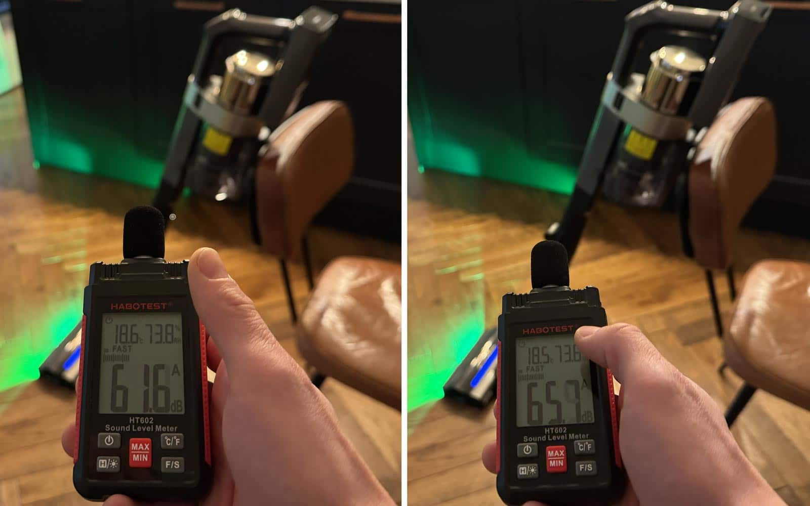 Photo montrant un sonomètre à côté du Tineco Pure One A90S indiquant les niveaux sonores de 61,6 dB en mode éco et 65,7 dB en mode auto.