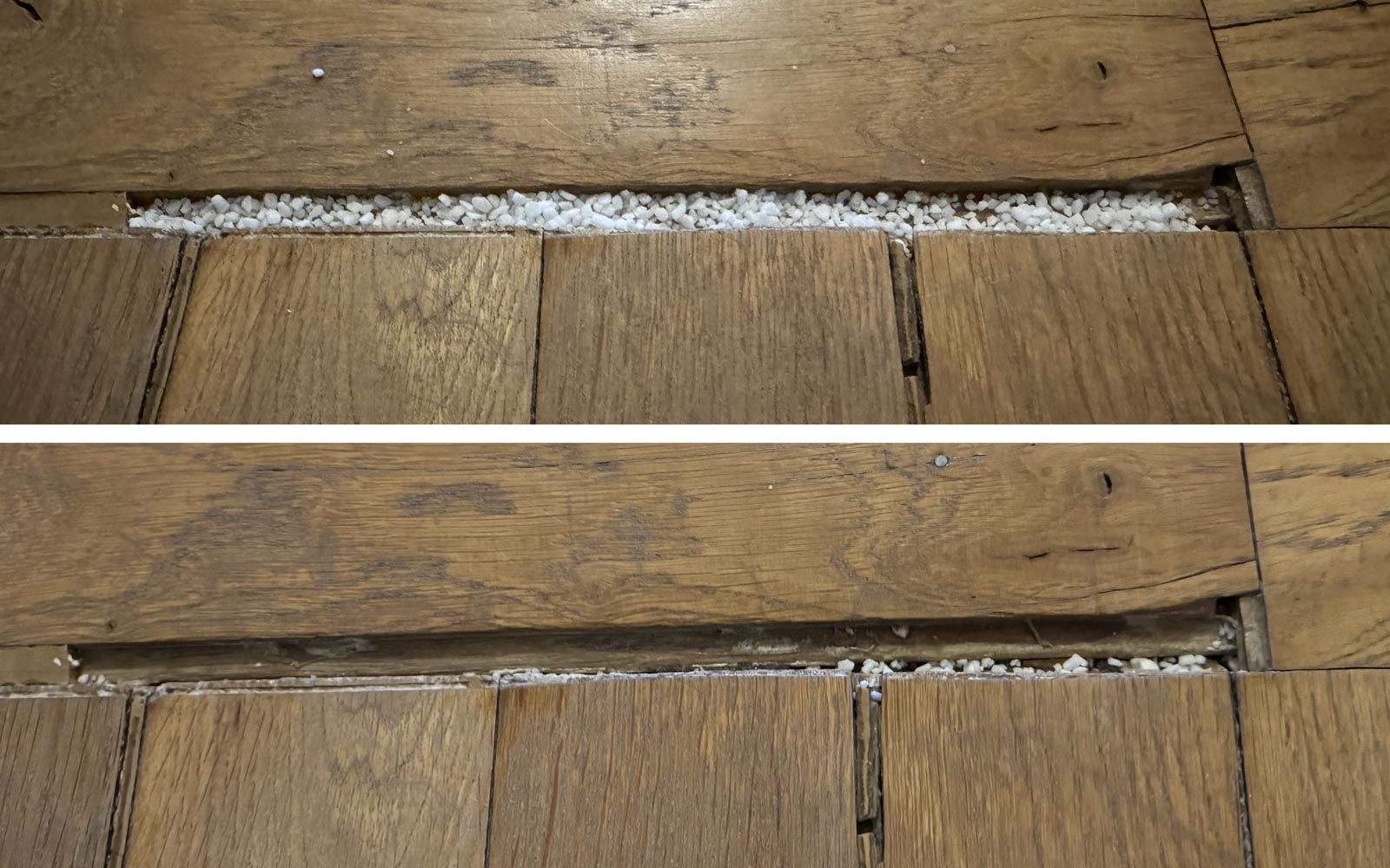Comparaison avant et après aspiration de débris blancs dans une fente de parquet.