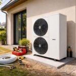 Pompe à chaleur air-eau installée à l’extérieur d’une maison individuelle avant mise en service pour remplacer une chaudière gaz
