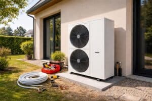 Pompe à chaleur air-eau installée à l’extérieur d’une maison individuelle avant mise en service pour remplacer une chaudière gaz