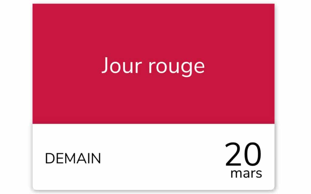 Visuel d'alerte officielle pour le vendredi 20 mars 2026, confirmé comme 'Jour rouge' Tempo.