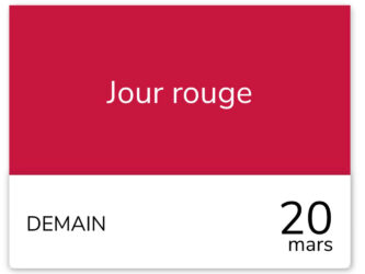 Visuel d'alerte officielle pour le vendredi 20 mars 2026, confirmé comme 'Jour rouge' Tempo.