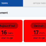 Capture d'écran de l'application EDF Tempo affichant deux encadrés rouges pour aujourd'hui lundi 16 mars et demain mardi 17 mars, confirmant une série de jours rouges