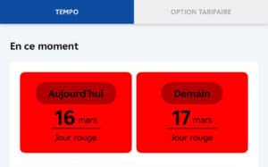 Capture d'écran de l'application EDF Tempo affichant deux encadrés rouges pour aujourd'hui lundi 16 mars et demain mardi 17 mars, confirmant une série de jours rouges