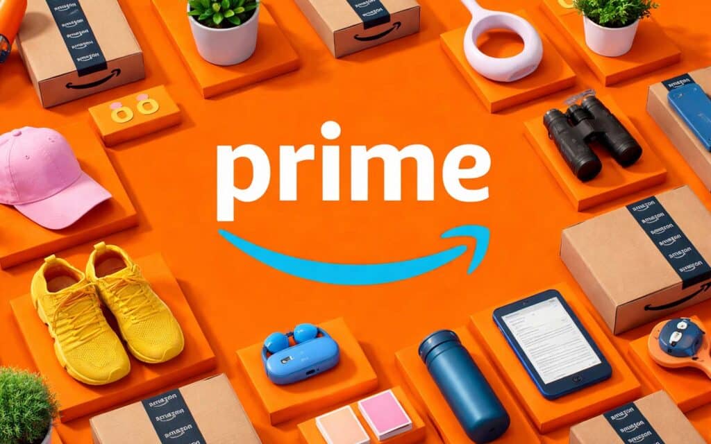 Ventes Flash de Printemps Amazon avec logo Prime sur fond orange et colis Amazon