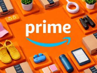 Ventes Flash de Printemps Amazon avec logo Prime sur fond orange et colis Amazon