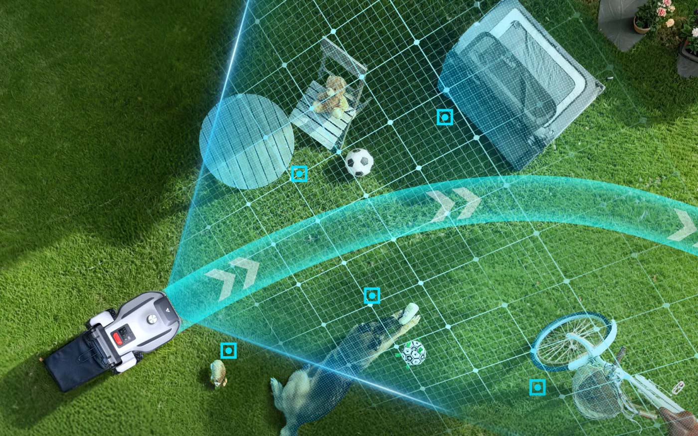 Robot tondeuse Anthbot N8 LiDAR détectant les obstacles dans un jardin grâce à ses capteurs intelligents