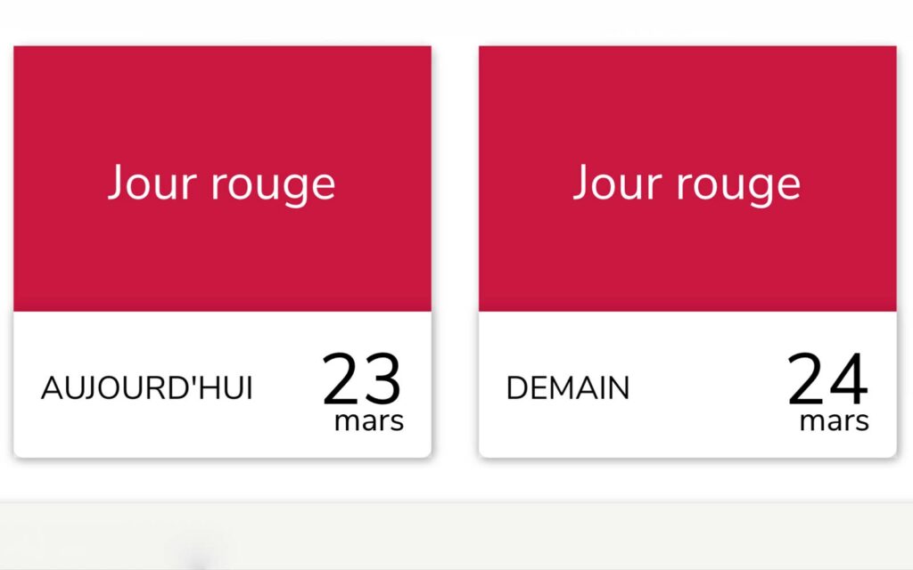 Double visuel d'alerte officielle de RTE pour l'offre Tempo. À gauche, un rectangle rouge indique 'Jour rouge AUJOURD'HUI 23 mars'. À droite, un rectangle identique indique 'Jour rouge DEMAIN 24 mars'. Les deux journées sont confirmées au tarif maximal.