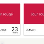 Double visuel d'alerte officielle de RTE pour l'offre Tempo. À gauche, un rectangle rouge indique 'Jour rouge AUJOURD'HUI 23 mars'. À droite, un rectangle identique indique 'Jour rouge DEMAIN 24 mars'. Les deux journées sont confirmées au tarif maximal.