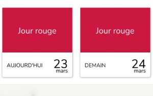 Double visuel d'alerte officielle de RTE pour l'offre Tempo. À gauche, un rectangle rouge indique 'Jour rouge AUJOURD'HUI 23 mars'. À droite, un rectangle identique indique 'Jour rouge DEMAIN 24 mars'. Les deux journées sont confirmées au tarif maximal.