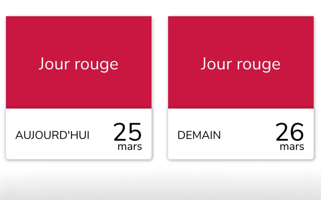 Double visuel officiel de l'alerte RTE Tempo. Le rectangle de gauche affiche 'Jour rouge AUJOURD'HUI 25 mars'. Le rectangle de droite, identique, confirme un 'Jour rouge DEMAIN 26 mars'. Les deux journées sont colorées en rouge vif pour indiquer le tarif maximal.