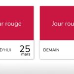 Double visuel officiel de l'alerte RTE Tempo. Le rectangle de gauche affiche 'Jour rouge AUJOURD'HUI 25 mars'. Le rectangle de droite, identique, confirme un 'Jour rouge DEMAIN 26 mars'. Les deux journées sont colorées en rouge vif pour indiquer le tarif maximal.