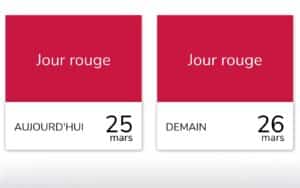 Double visuel officiel de l'alerte RTE Tempo. Le rectangle de gauche affiche 'Jour rouge AUJOURD'HUI 25 mars'. Le rectangle de droite, identique, confirme un 'Jour rouge DEMAIN 26 mars'. Les deux journées sont colorées en rouge vif pour indiquer le tarif maximal.