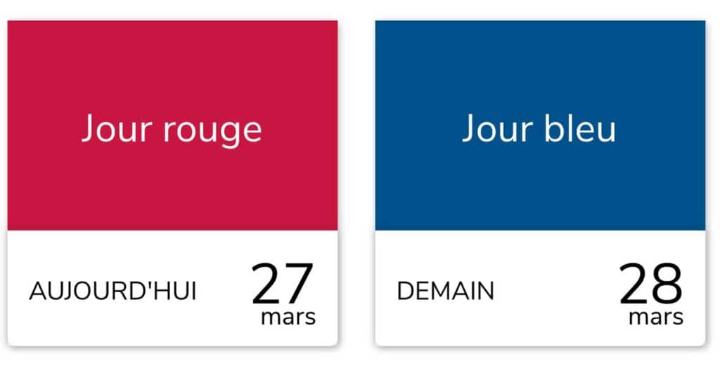 Jours rouge et bleu, dates affichées