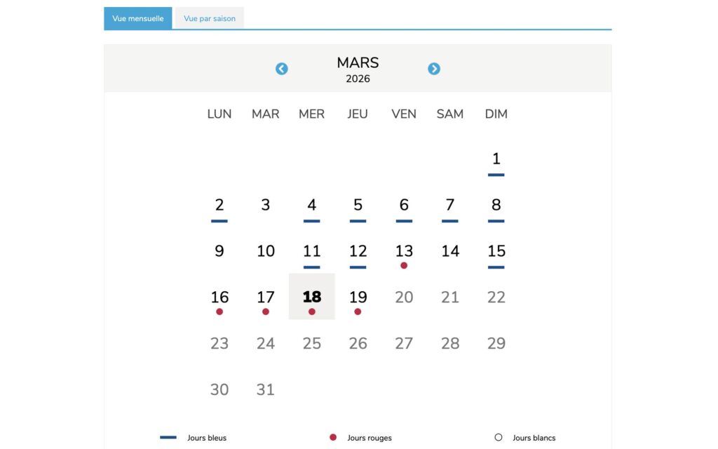 Calendrier Tempo EDF de mars 2026 affichant une série de jours rouges du 16 au 19 mars. Les jours sont indiqués par des pastilles rouges ou des traits bleus.