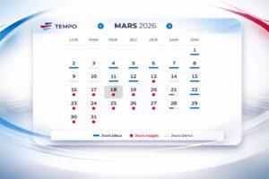 Calendrier Tempo EDF de mars 2026 montrant la série "infernale" de jours rouges (pastilles rouges) sur presque tous les jours de la semaine du 16 au 31 mars. Les week-ends et le début du mois sont en jours bleus ou blancs (barres).