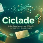 Illustration stylisée du service Ciclade avec des icônes de coffre-fort, loupe, pièces d'euro et documents bancaires sur un fond vert émeraude lumineux.