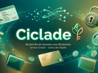 Illustration stylisée du service Ciclade avec des icônes de coffre-fort, loupe, pièces d'euro et documents bancaires sur un fond vert émeraude lumineux.