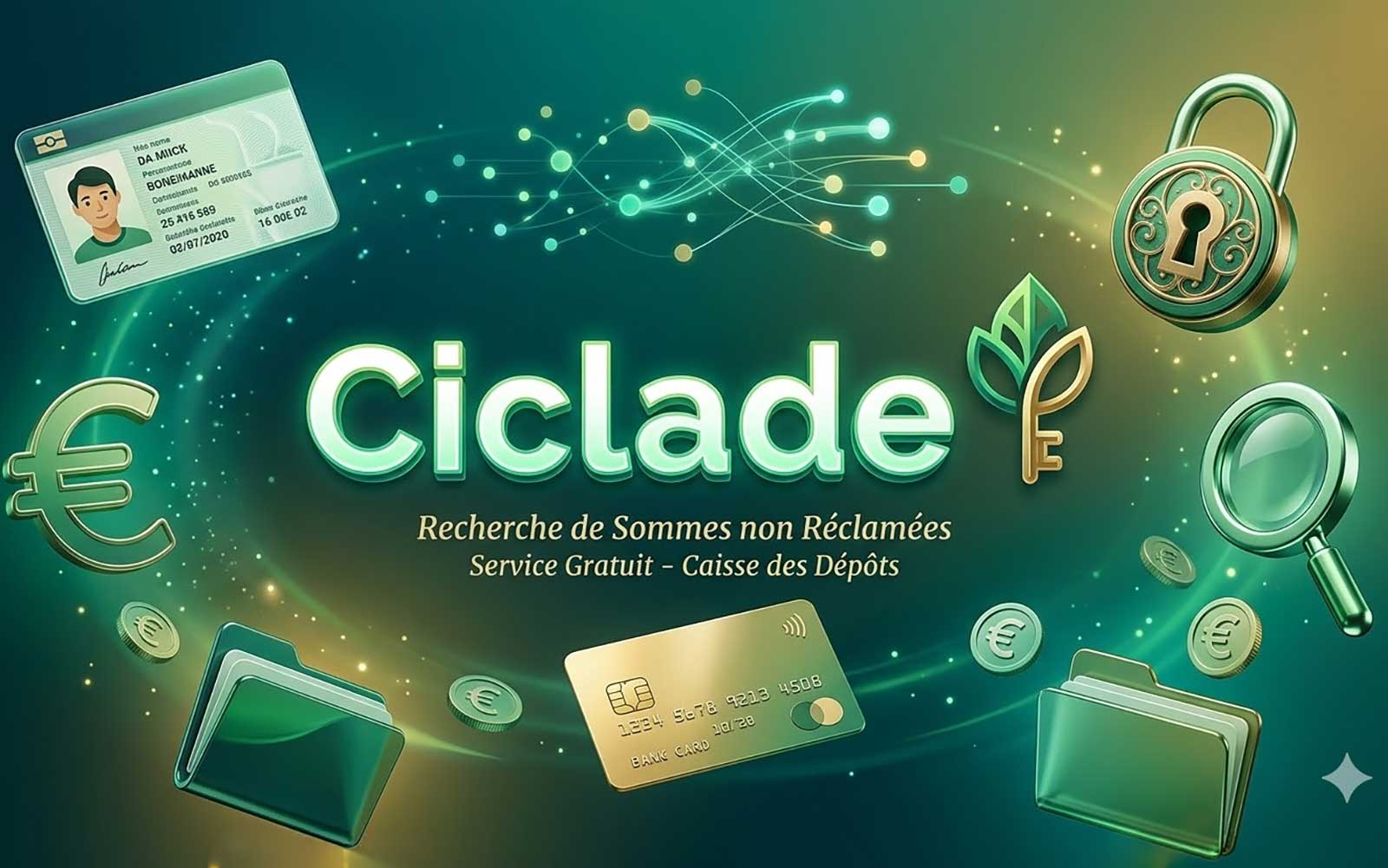 Illustration stylisée du service Ciclade avec des icônes de coffre-fort, loupe, pièces d'euro et documents bancaires sur un fond vert émeraude lumineux.