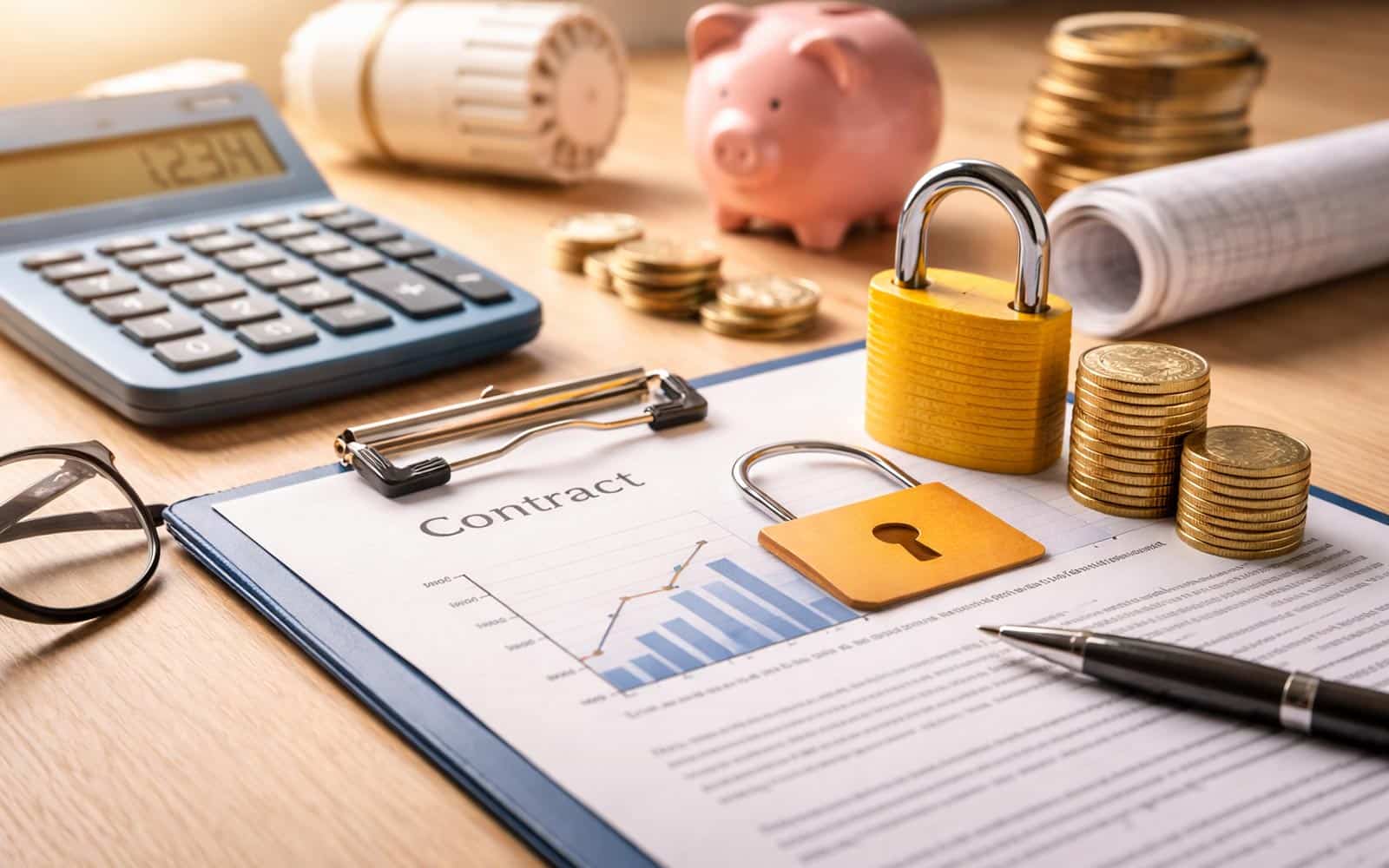 Contrat énergétique sécurisé avec cadenas et calculatrice illustrant la protection des offres à prix fixe face à la hausse du gaz