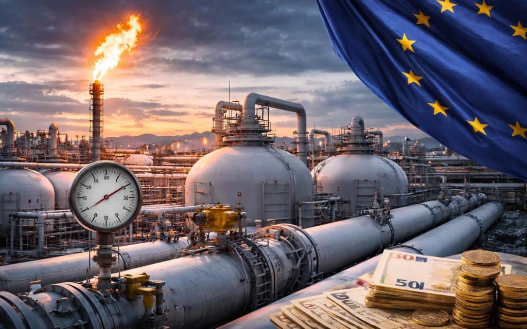 Installations gazières industrielles en Europe avec drapeau européen illustrant la hausse des prix du gaz liée aux tensions au Moyen-Orient