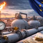 Installations gazières industrielles en Europe avec drapeau européen illustrant la hausse des prix du gaz liée aux tensions au Moyen-Orient