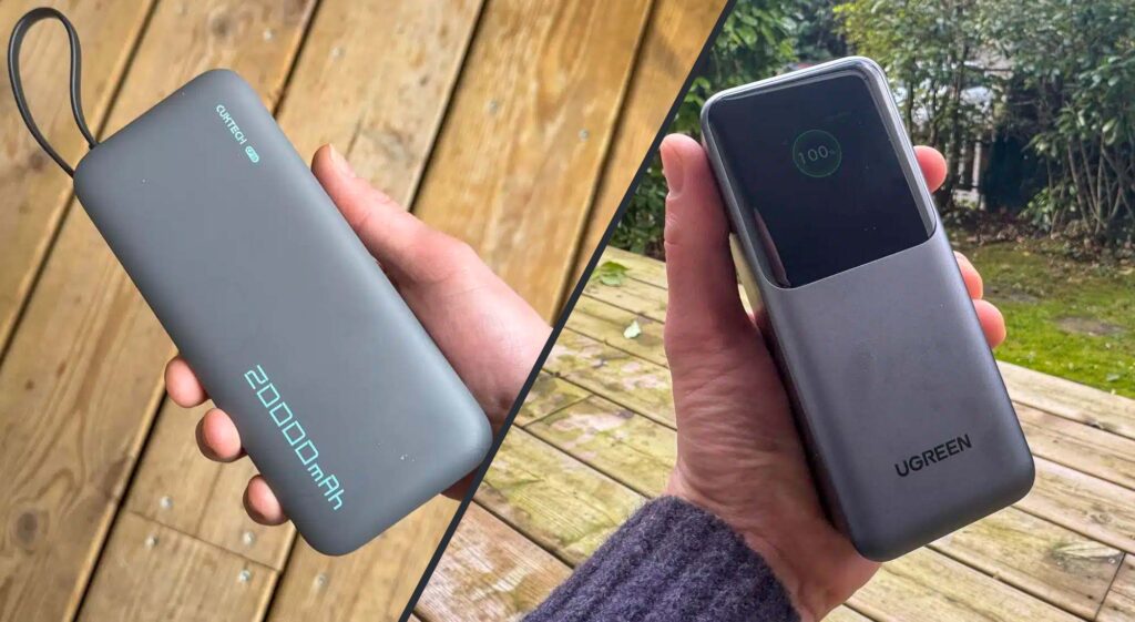 Comparaison côte à côte de deux batteries externes de 20 000 mAh : la Ugreen Nexode Pro 130W à droite, de forme colonne avec un grand écran TFT, et la Cuktech PB200N à gauche, plus fine avec son câble USB-C intégré faisant office de dragonne.