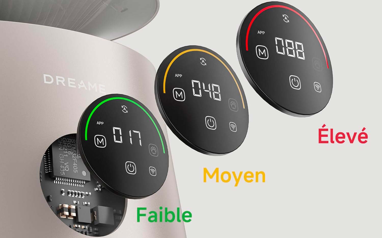 Purificateur d’air Dreame AP10 écran façade indicateur qualité air vitesse ventilation