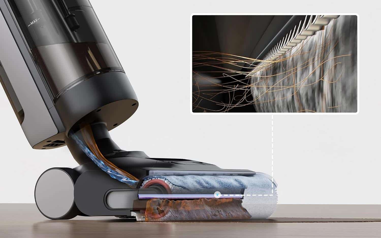 Système anti-emmêlement du Dreame H12 Pro Ultra pour éviter les cheveux et poils sur la brosse