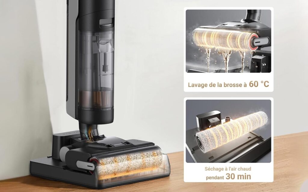 Station du Dreame H12 Pro Ultra qui lave et sèche automatiquement la brosse