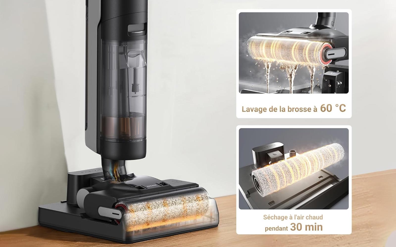 Station du Dreame H12 Pro Ultra qui lave et sèche automatiquement la brosse