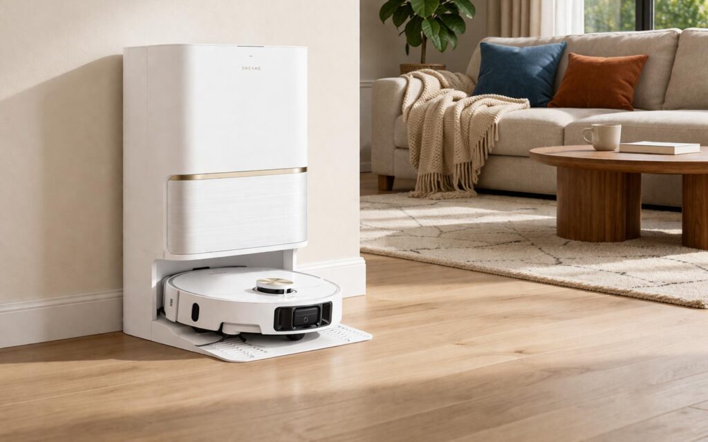 Robot aspirateur Dreame L50 Ultra AE en promotion pour son lancement. Le robot est dans sa station automatique installé contre un mur d'un salon