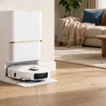 Robot aspirateur Dreame L50 Ultra AE en promotion pour son lancement. Le robot est dans sa station automatique installé contre un mur d'un salon