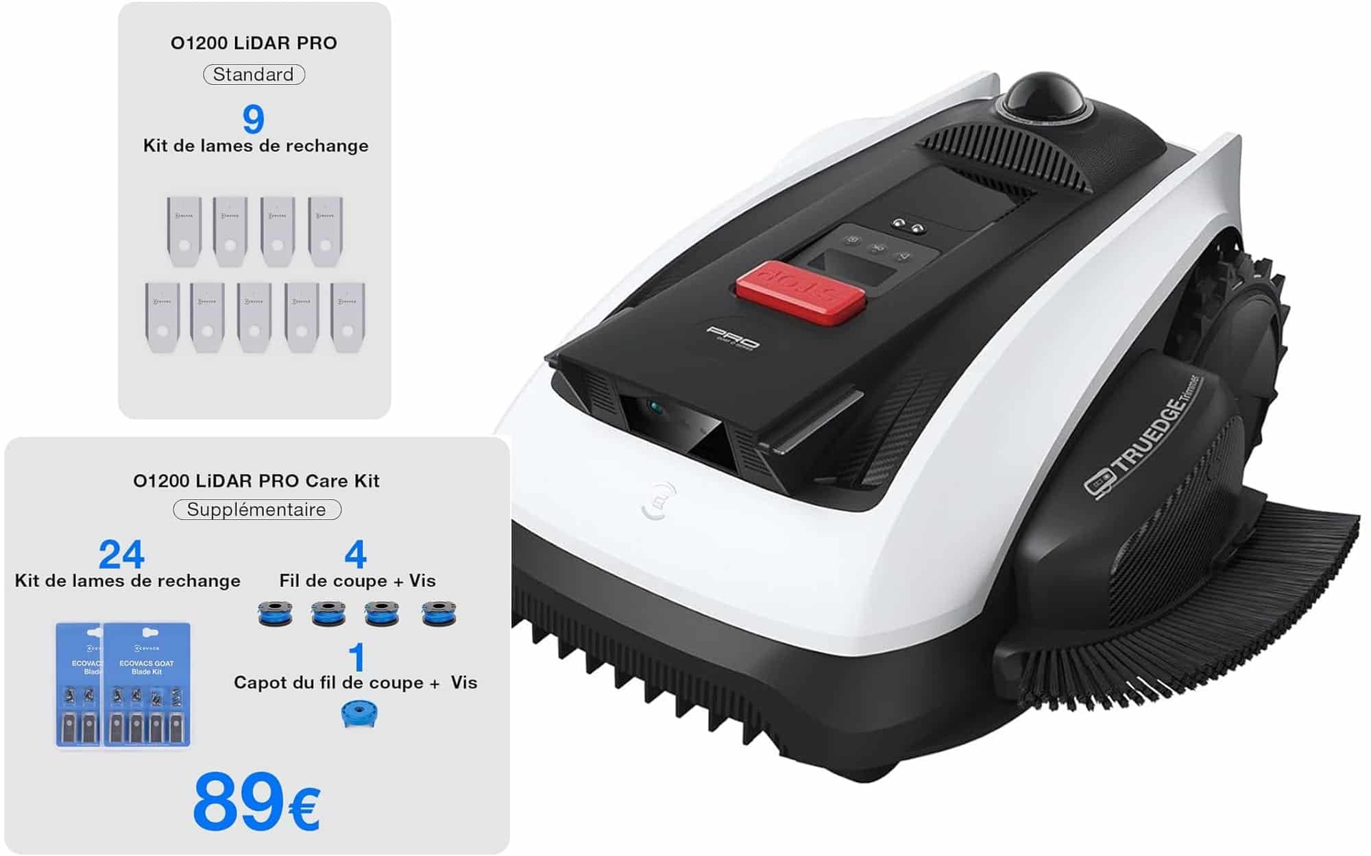 Robot tondeuse Ecovacs Goat O1200 LiDAR Pro avec son kit d’entretien et ses accessoires de fabrication