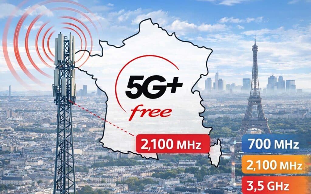 Activation de la 5G+ Free sur la bande 2100 MHz en France avec carte du territoire et antenne mobile
