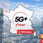 Activation de la 5G+ Free sur la bande 2100 MHz en France avec carte du territoire et antenne mobile