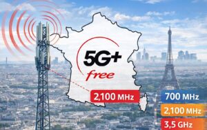 Activation de la 5G+ Free sur la bande 2100 MHz en France avec carte du territoire et antenne mobile