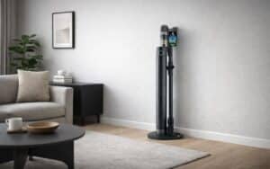 Aspirateur balai sans fil Hisense Hi Move IV avec station de vidage automatique dans un salon moderne