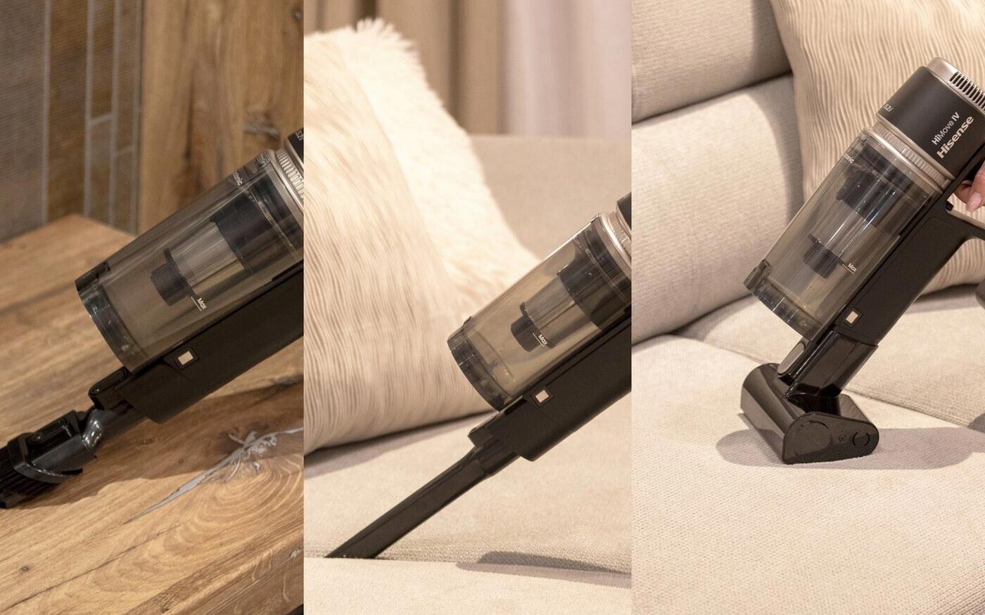 Accessoires fournis avec l’aspirateur balai Hisense Hi Move IV : mini-brosse motorisée, suceur plat et brosse 2-en-1