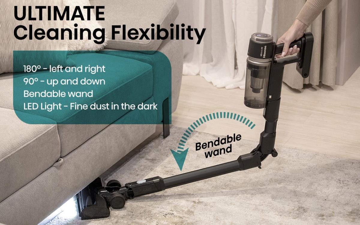 Tube flexible articulé du Hisense Hi Move IV permettant d’aspirer sous les meubles sans se baisser
