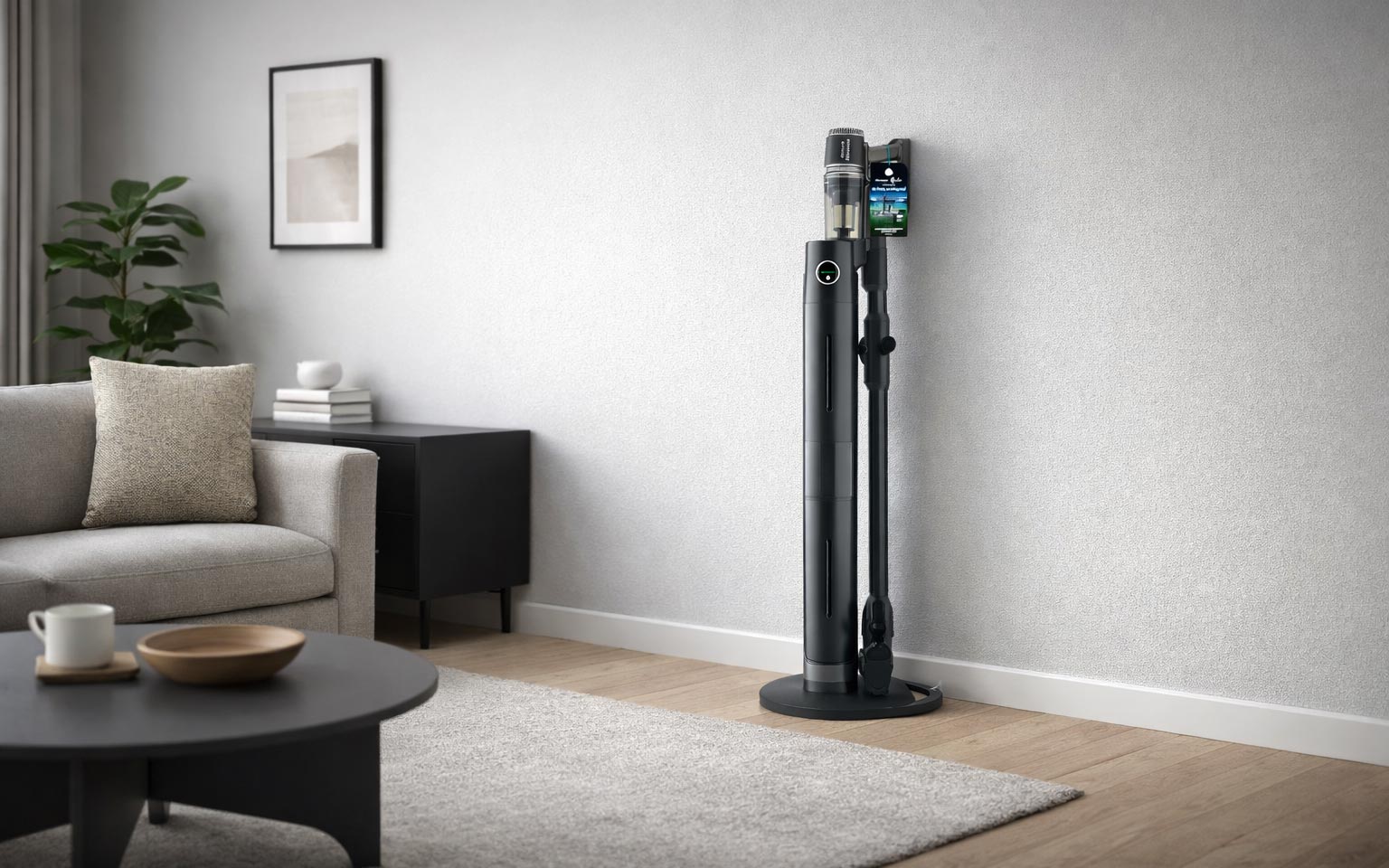 Aspirateur balai sans fil Hisense Hi Move IV avec station de vidage automatique dans un salon moderne
