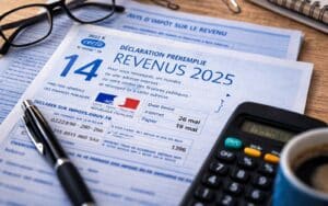 Formulaire de déclaration des revenus 2025 avec calculatrice et stylo pour les impôts 2026