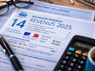 Déclaration d’impôts 2026 sur les revenus 2025 avec formulaire fiscal français, calculatrice et stylo