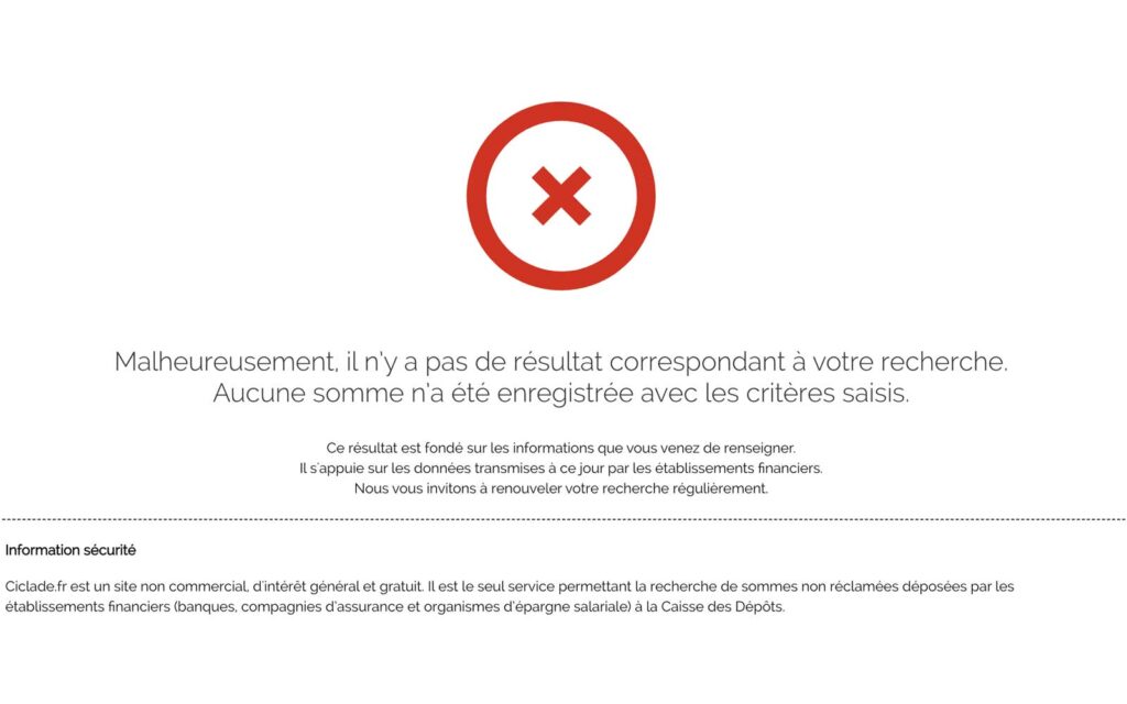 Capture d'écran du site Ciclade affichant le message "Aucun résultat ne correspond à votre recherche" après un test de compte inactif.