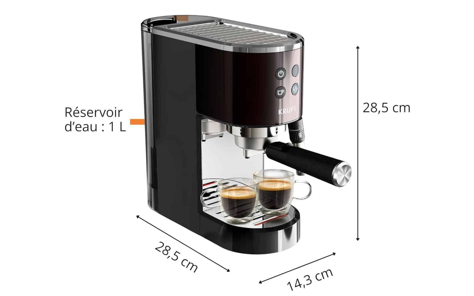 dimensions Krups Virtuoso+ machine expresso compacte 14,3 cm largeur