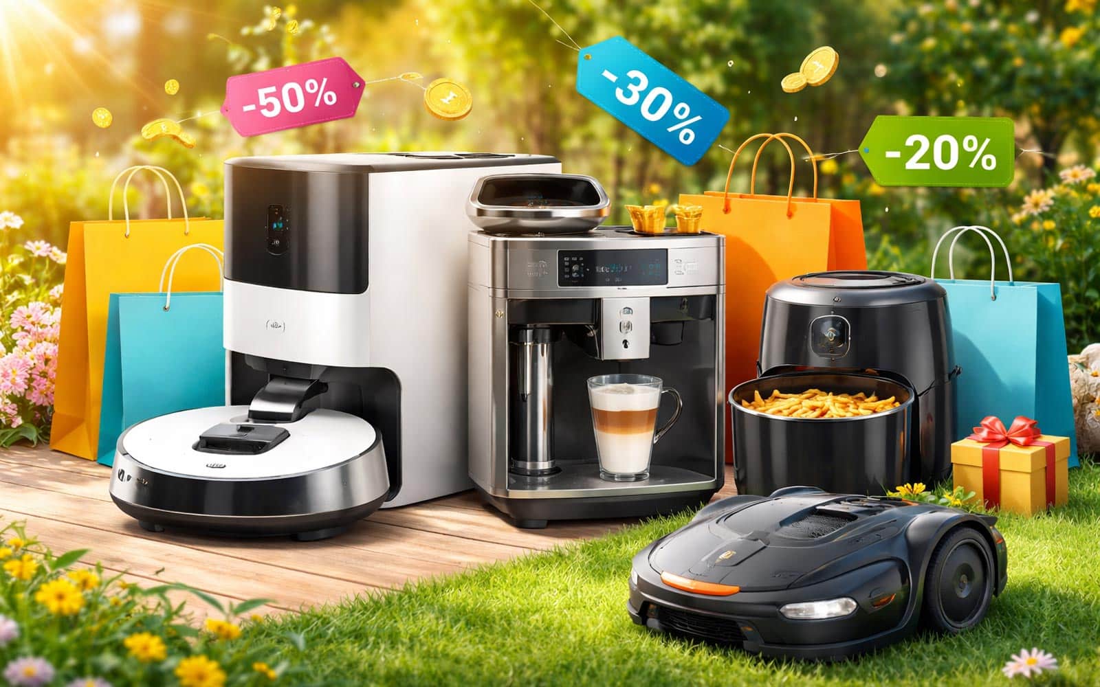 Sélection de produits maison en promotion : aspirateur robot, machine à café, airfryer et robot tondeuse