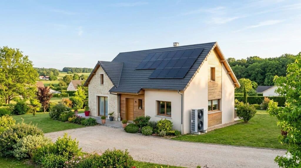 Maison équipée d'une pompe à chaleur à air extérieure et de panneaux solaires sur le toit pour une consommation d'énergie durable.