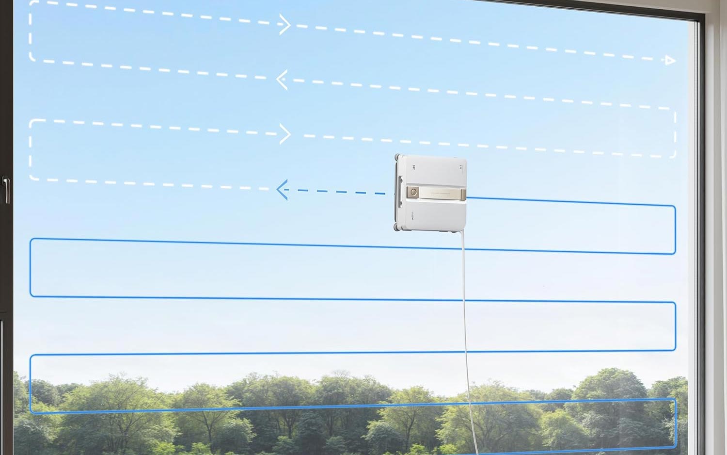 Robot lave-vitres Mova N1 planifiant sa trajectoire sur une grande surface vitrée jusqu’à 32 m²