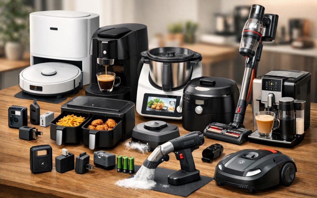 Sélection de produits maison et électroménager testés par Labo Maison : aspirateur robot, machine à café, airfryer et robot cuiseur